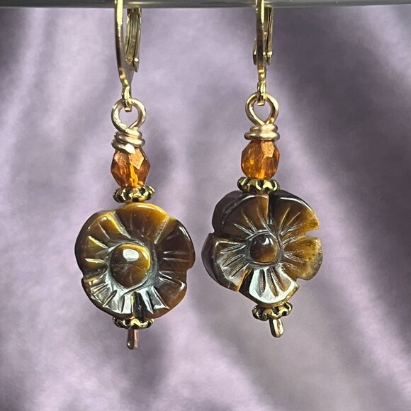 Tiger’s Eye Earrings, Golden Brown Gemstone, Carved Gemstone Flower - Picture 2 of 6